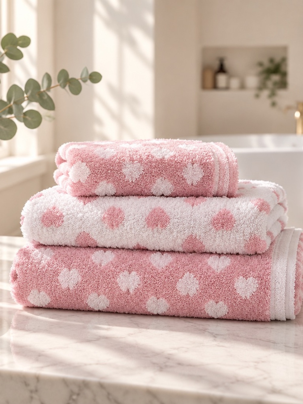 Plush Heart Pattern Pink Bath Towel Set